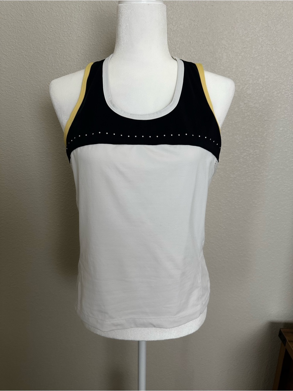 White Tank with Black Racerback and Yellow Trim by Tail Tech